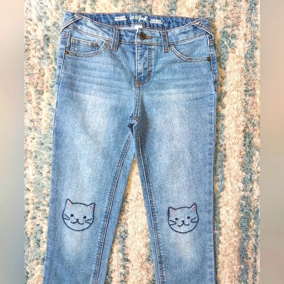 Cat & Jack Other - Cat & Jack Super Skinny Blue Jeans Kitty on Knee sz 12 EUC